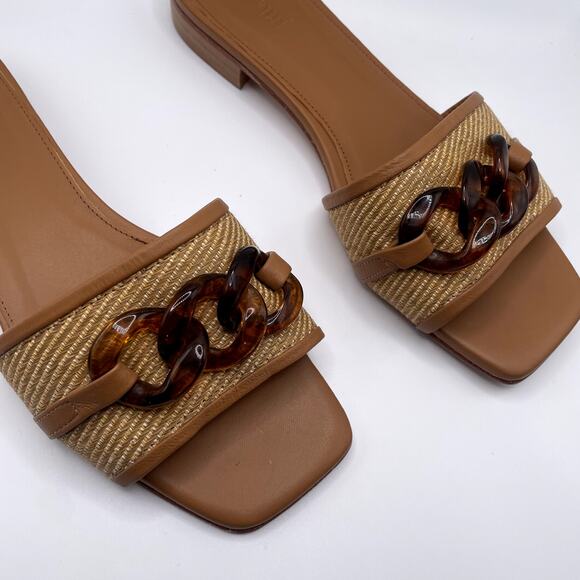 J. McLaughlin Adima Flat Slide Sandals 9  Straw Tortoiseshell Chain - Picture 3 of 9